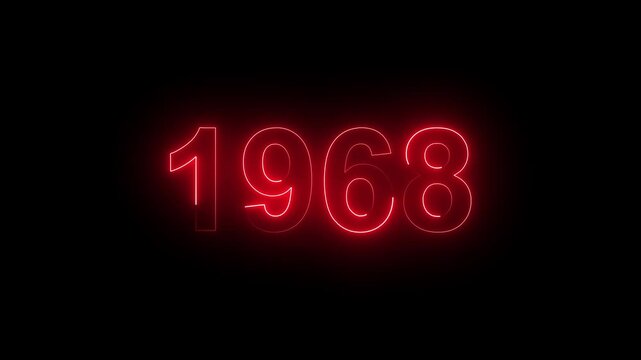 Vintage neon number 1968 glowing in dark retro style. Classic illuminated year display for historical timeline or century celebration.