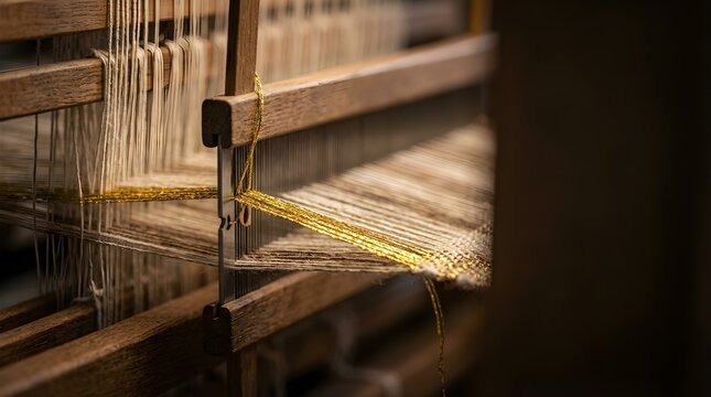 Golden thread being woven on a traditional wooden hand loom machine