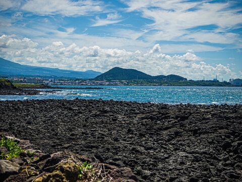 Coastal Walkway and Basalt Shore near Mungae Hangari in Jocheon, Jeju Island, South Korea