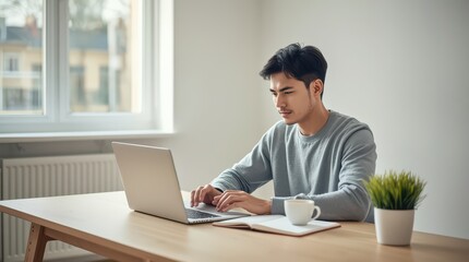 Fototapeta premium Young man with dark hair types on a laptop while sitting at a minimalist wooden desk in a bright room.