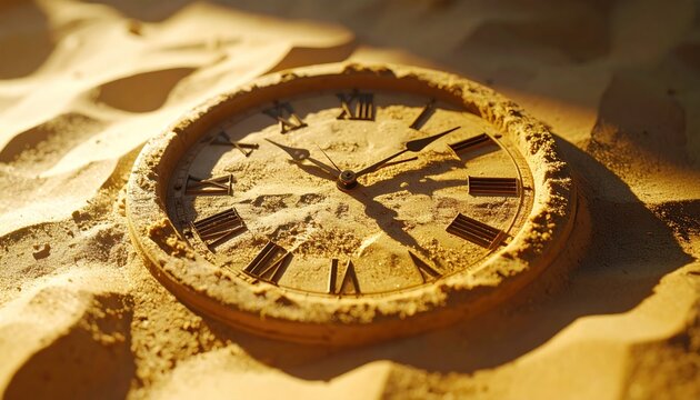 Time buried - An old clock covered in sand, symbolizing lost time.