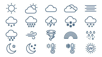 Fototapeta premium Weather icons display a meteorological set of symbols for forecasting atmospheric conditions.