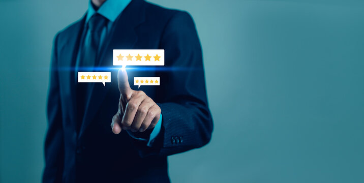 Business professional selecting five-star customer review on virtual interface. Customer satisfaction, positive feedback, online rating, service quality, reputation management, user experience.