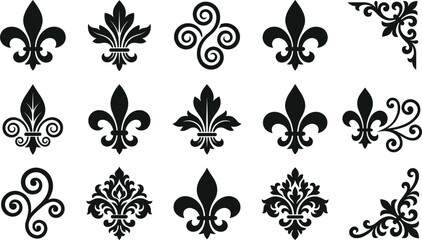 Vintage fleur de lis black silhouette icon collection featuring elegant heraldic lily symbols and damask corner ornaments vector © MdRakib