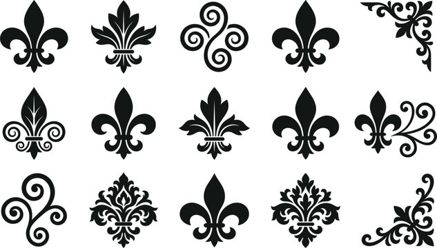 Vintage fleur de lis black silhouette icon collection featuring elegant heraldic lily symbols and damask corner ornaments vector