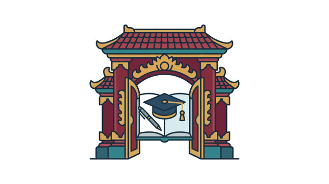 Traditional Asian gate design with books and graduation cap.
