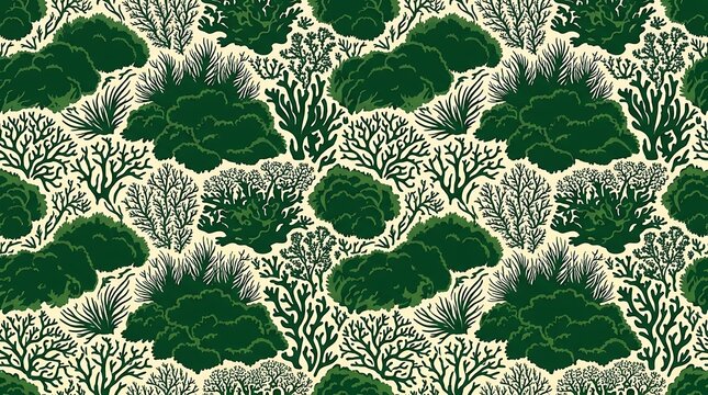 Seamless green coral and seaweed botanical pattern on beige background