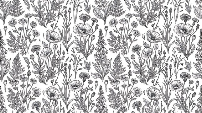 Seamless botanical pattern featuring wild meadow flowers