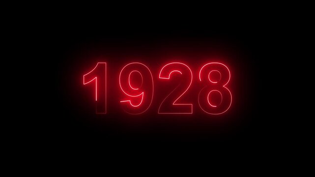 Vintage neon number 1928 glowing in dark retro style. Classic illuminated year display for historical timeline or century celebration.