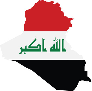Iraq Map Vector Silhouette Textured with National Flag Featuring Red White and Black Horizontal Stripes and Green Arabic Takbir Calligraphy for Middle Eastern Geography ConceptsIraq Map Vector Silhoue