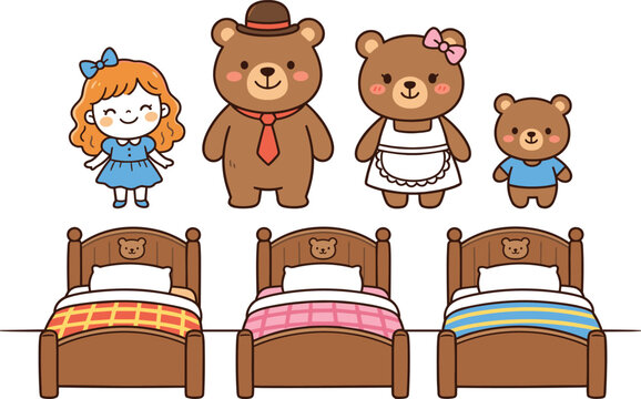 Goldilocks and the Three Bears Fairytale Vector Character Set with Wooden Beds, Papa Bear, Mama Bear, and Baby Bear for Kids Storybooks