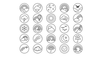 Naklejka premium Weather symbols organized in circular frames illustrate various meteorological conditions.