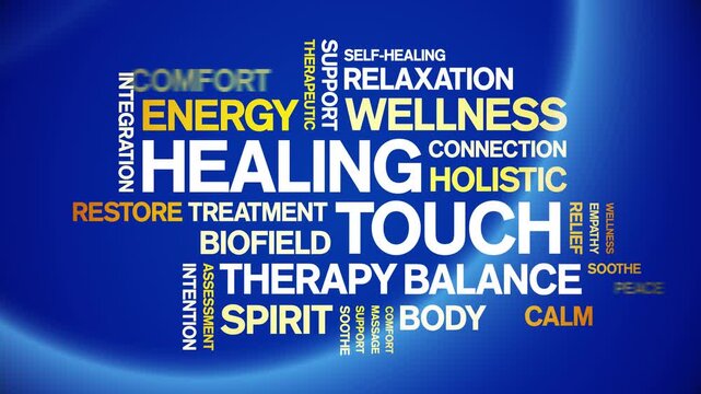 Healing Touch animated word cloud-text design animation tag kinetic typography seamless loop.