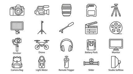 Fototapeta premium Photography gear icons display a structured grid of professional production hardware including cameras, lighting equipment, and specialized accessories for cinematic projects.
