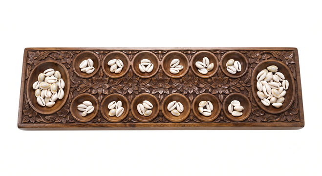 Traditional mancala board game with shells and intricate carvings