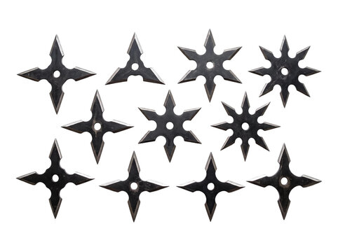 Set of metal shuriken throwing stars. Isolated ninja weapons on white background.