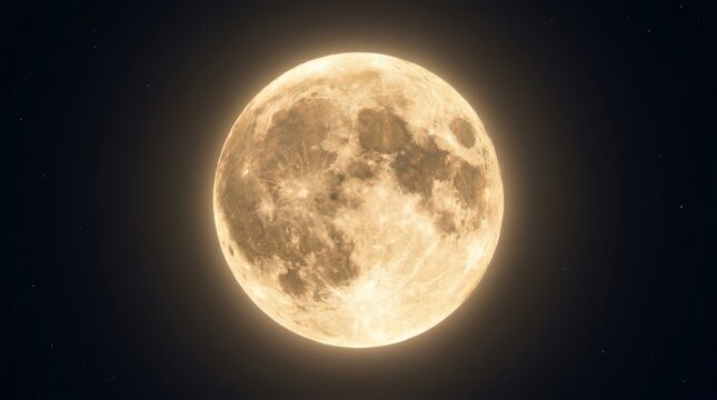 A stunning full moon glowing brightly against the dark, starfilled night sky, showcasing detailed lunar craters and surface textures in high resolution