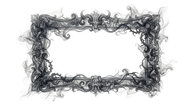Ornate dark smoke forming an antique rectangular frame with swirling tendrils against a white background, evoking a mysterious and gothic mood.