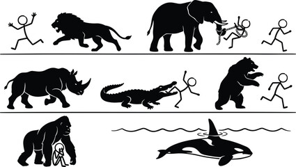 Wild animal attack vector stick figure set featuring dangerous encounters with lion elephant rhino crocodile bear gorilla orca © MdRakib