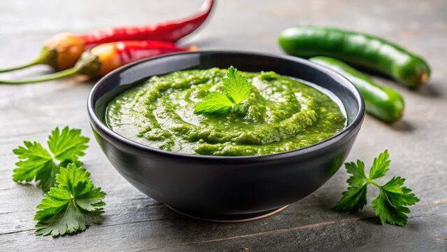 Mint coriander green chili chutney in a black ceramic bowl sits atop a crisp white surface radiant beauty