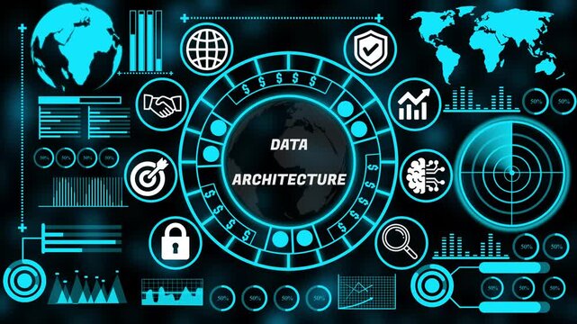 Strategic data architecture concept with interconnected business technology internet icons supporting enterprise decision making and growth. 4k animation video 