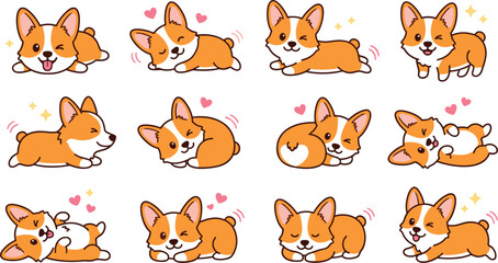 Fototapeta premium Cute corgi puppy cartoon vector collection featuring sleeping, resting, rolling, playful poses, happy expressions, hearts, and adorable pet character illustrations