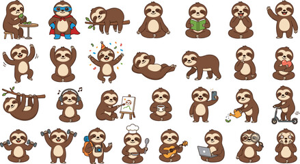 Fototapeta premium Cute Cartoon Sloth Character Vector Icon Bundle Featuring Various Activities Sleeping Reading Exercising Cooking and Painting for Sticker Designs