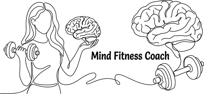 Woman holding dumbbell and human brain symbol for mind fitness coach mental health training and psychology vector