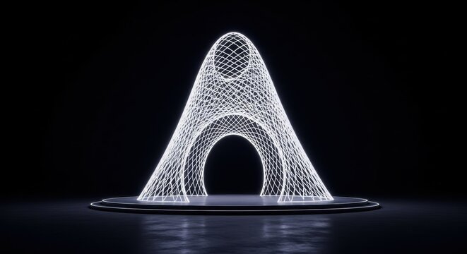 Abstract white glowing wireframe lattice structure shaped like a parabolic arch on a circular reflective podium platform against a dark black minimalist background.