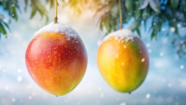A ripe mango hangs solo against crisp snowwhite canvas its vibrant hues radiating warm summer essence