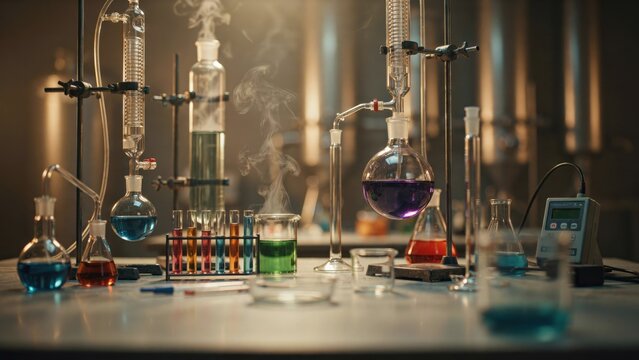 Chemistry laboratory setup with distillation flasks test tubes and chemical vapor