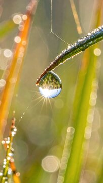 Macro shot of a dewdrop on a blade of grass reflecting sunlight.