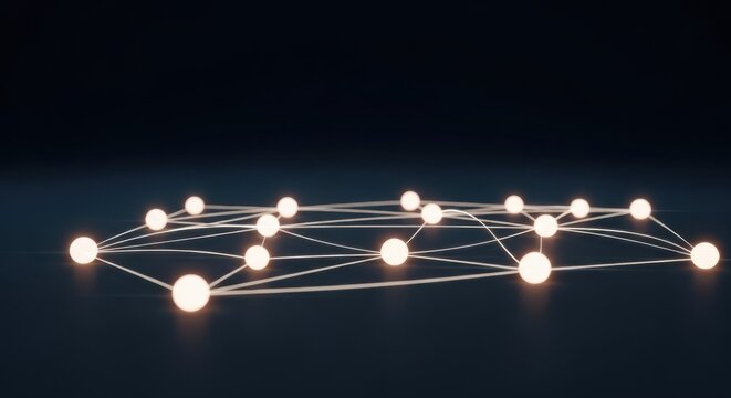 Abstract 3D rendering of a luminous digital network featuring glowing white sphere nodes connected by thin white lines on a dark blue reflective surface against black background.