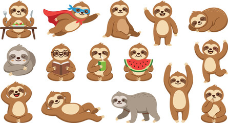 Fototapeta premium Cute Cartoon Sloth Character Vector Emoji Set Featuring Funny Poses Eating Watermelon Reading Flying and Sleeping for Kids Graphic Designs