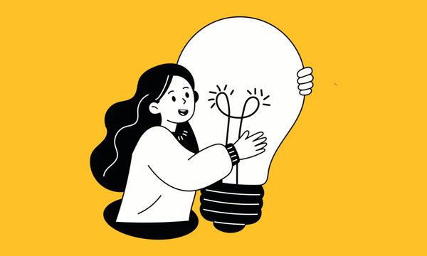 A young woman hugging a large light bulb representing creativity and new ideas on a yellow background