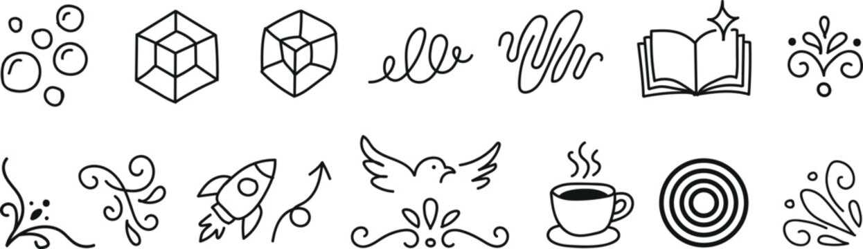 Collection of hand drawn doodle icons featuring various business and creative concepts in a sketch style