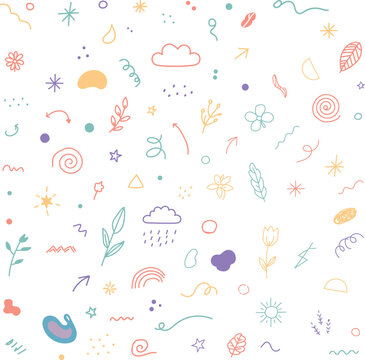 Seamless pattern with hand drawn cute weather elements and botanical doodles on a white background