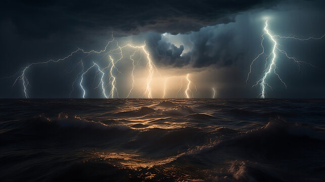 Powerful thunderstorm with multiple lightning strikes over a dark ocean