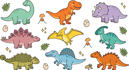 Cute dinosaur cartoon vector collection featuring Brontosaurus, Tyrannosaurus, Triceratops, Stegosaurus, Pteranodon, Ankylosaurus, Parasaurolophus, and Spinosaurus prehistoric illustrations © Bokul