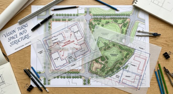 Architectural blueprint for urban residential development with green spaces and building layouts