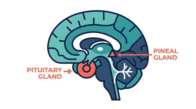 Anatomical diagram of the human brain showing the locations of the pituitary gland and pineal gland.
