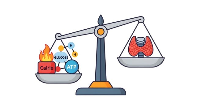 Conceptual illustration of thyroid gland function and metabolic energy balance on a scale.