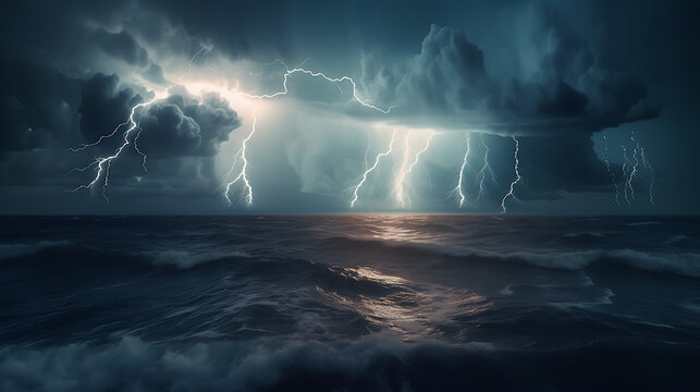 Dramatic seascape with powerful lightning strikes over stormy ocean waves