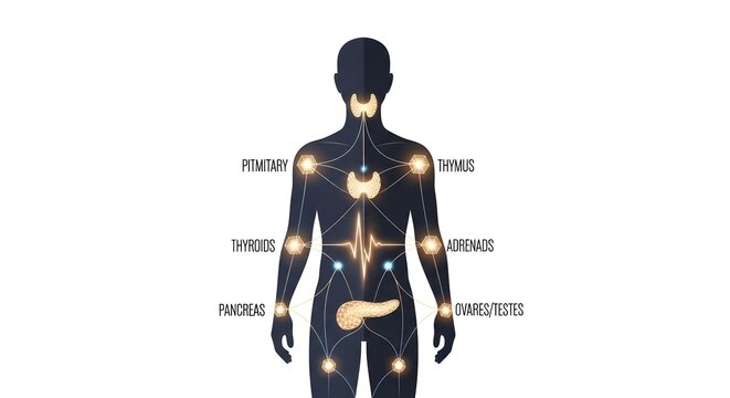 Vector illustration of the human endocrine system showing major glands like thyroid, pituitary, pancreas, and adrenal.