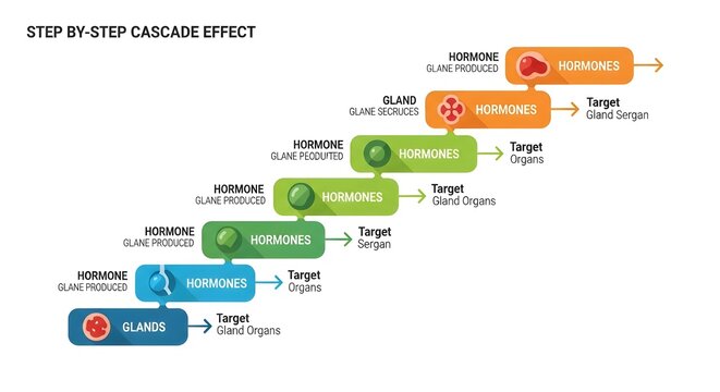 Step by step cascade effect diagram illustrating the endocrine system glands and hormone production.