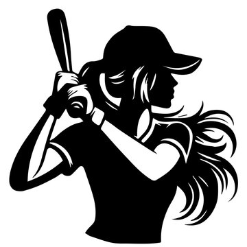 Female Baseball Player Batting Pose Black Silhouette Vector