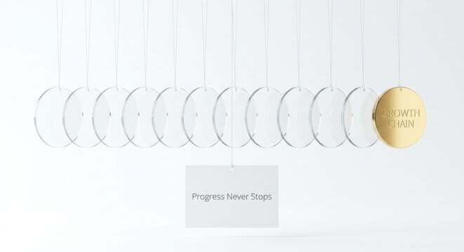 Card with 'Progress Never Stops' quote hanging amidst clear circular elements
