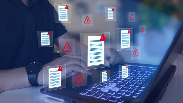 Alert concept showing scam or fraud document warning, highlighting cybersecurity,  data protection, identity risk, and online threats.