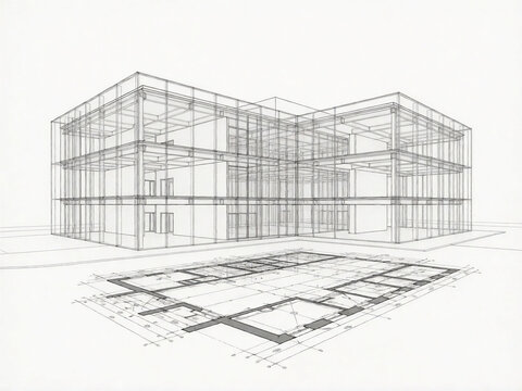 Architectural wireframe of a modern building with floor plan