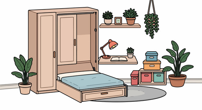 Compact Murphy Bed With Integrated Wardrobe And Storage Solutions.